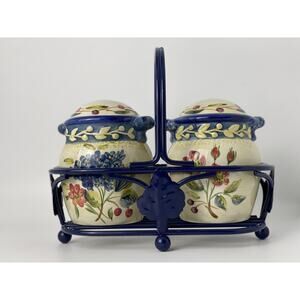 CIC Vintage Large Floral Salt and Pepper Shaker Set w Carrier/Holder